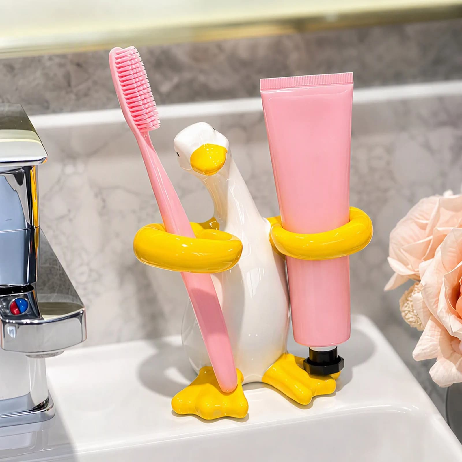 Duck Shaped Ceramic Toothbrush Holder 2 Hole Bathroom Vanity Organizer Toothpaste Toothbrush Caddy