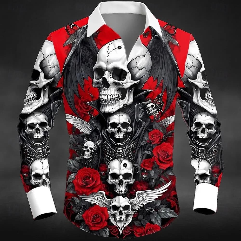 Camicia abbottonata con stampa teschio 3D da uomo nuova camicia a maniche lunghe con colletto da vacanza all'aperto in stile fiore punk gotico profondo