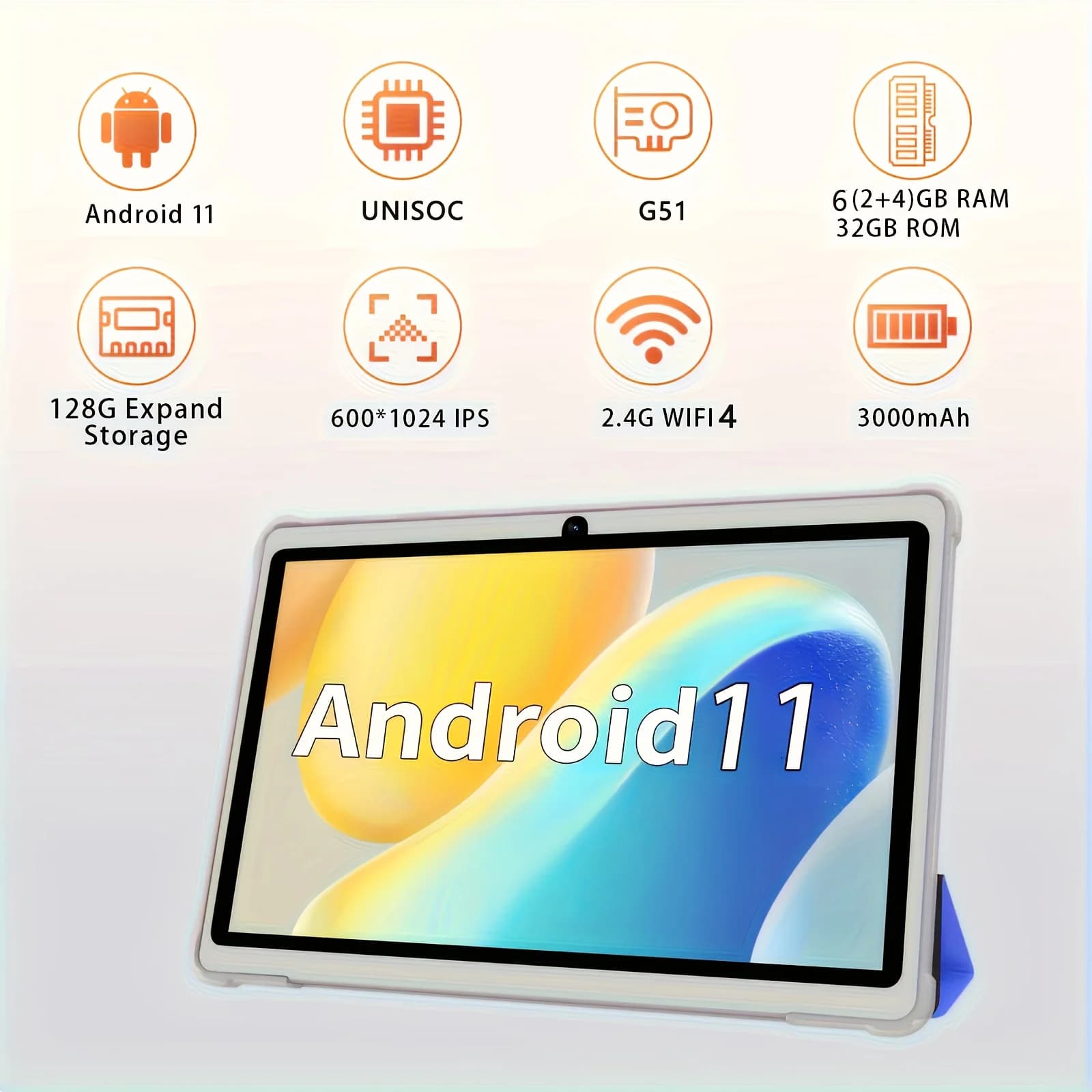 7-inch PC Tablet, Android 11 Quad Core, 6GB (2+4GB Virtual) RAM 32GB ROM, WiFi, Double Camera, USB C, with Leather Case