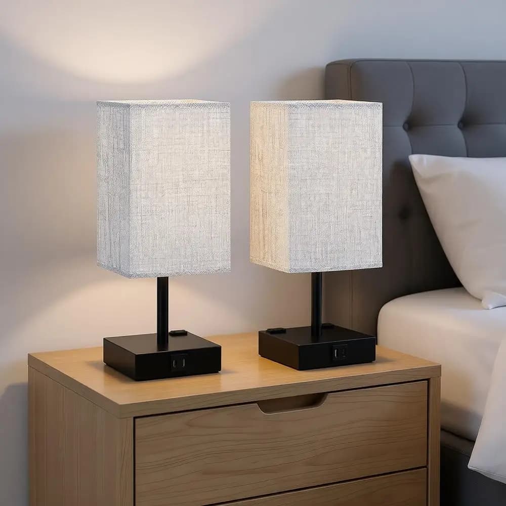 Set of 2 Table lamps - Lamp from Comodin Touch with USB Charging Doors C+A and AC sockets, 3 Level Dimmable Desk Lamp with Grey Fabric