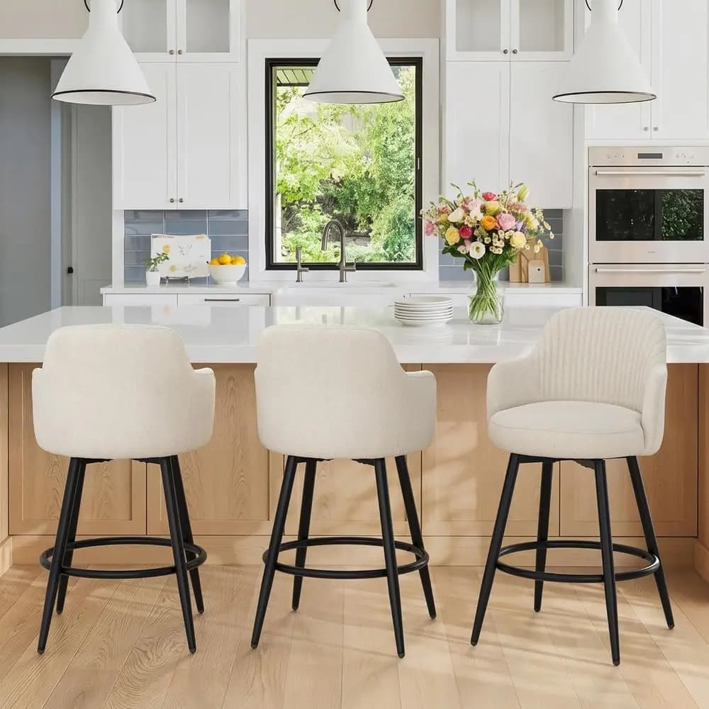 Set of 3, 26 Linen White Fabric Upholstered Counter Height Bar Stools with Ergonomic Enclosed Back and Spring Cushion