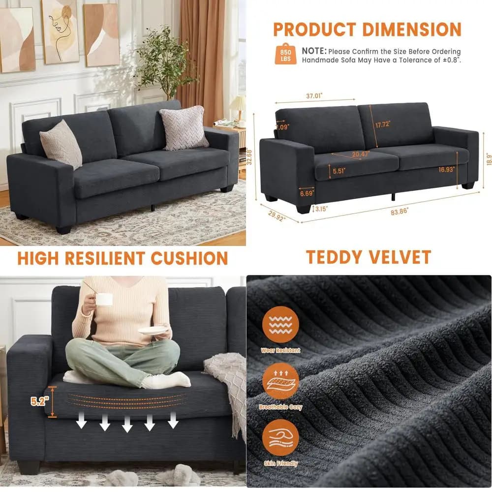 Sofa with 2 Seats in Velvet at Coste 83 with Wide Arms, Removable and Washable Coatings, Ideal for Small Stays (Grigio K)