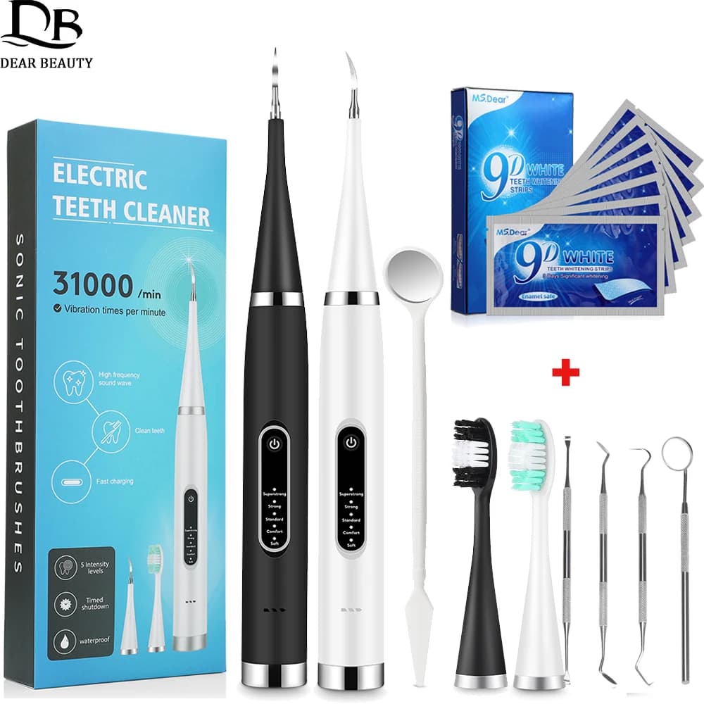 Set di sbiancanti per la pulizia dei denti spazzolino da denti sonico per Scaler dentale + strisce sbiancanti per denti 9D macchie di tartaro rimozione della placca di tartaro
