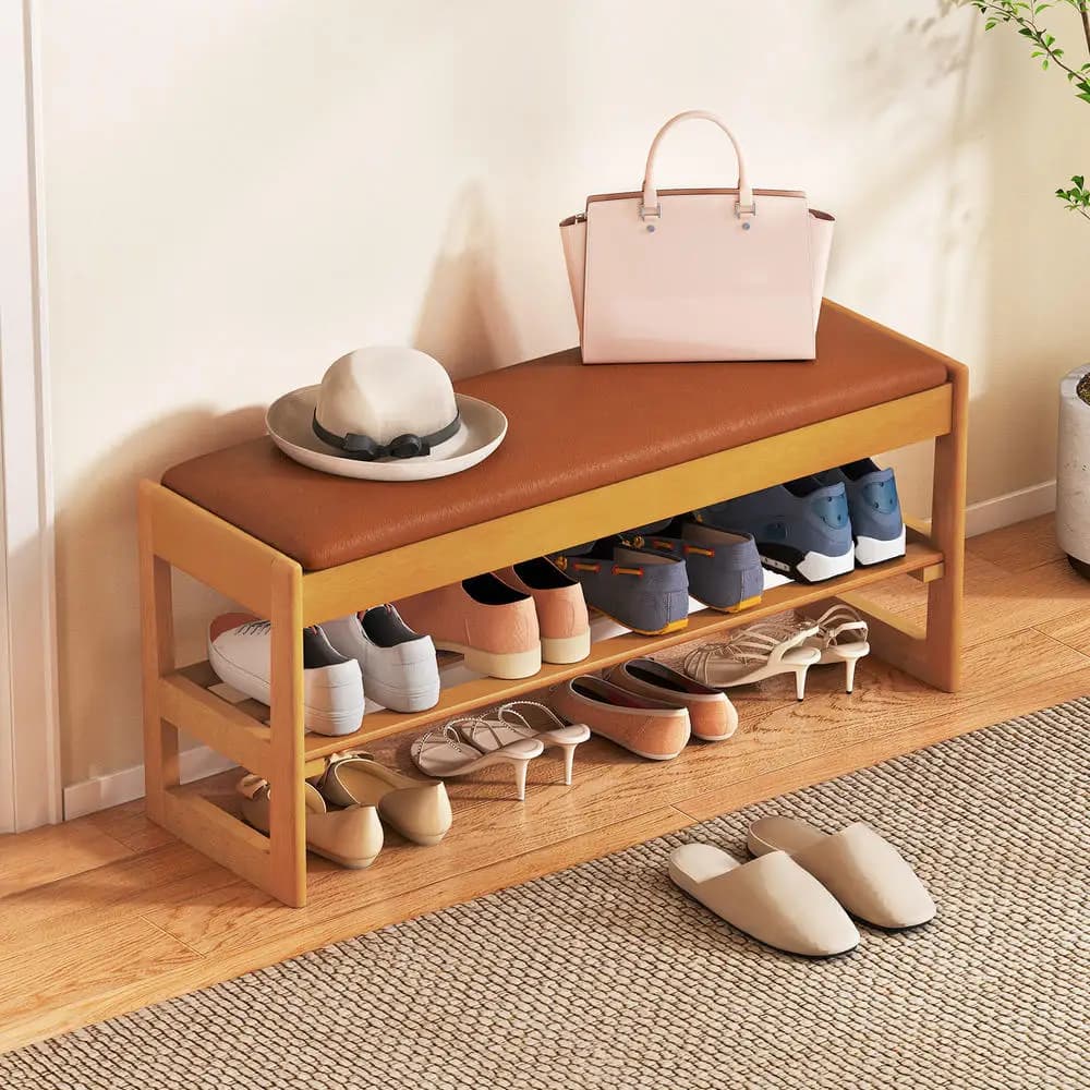 Shoe Cabinet Bench With Storage, Solid Rubberwood Entryway Shoe Storage Bench, Flip-Top Hidden Compartment, 2-Tier Open Shelf For Sneakers, Space Saving Slim Design For Small Foyer Apartment, Brown