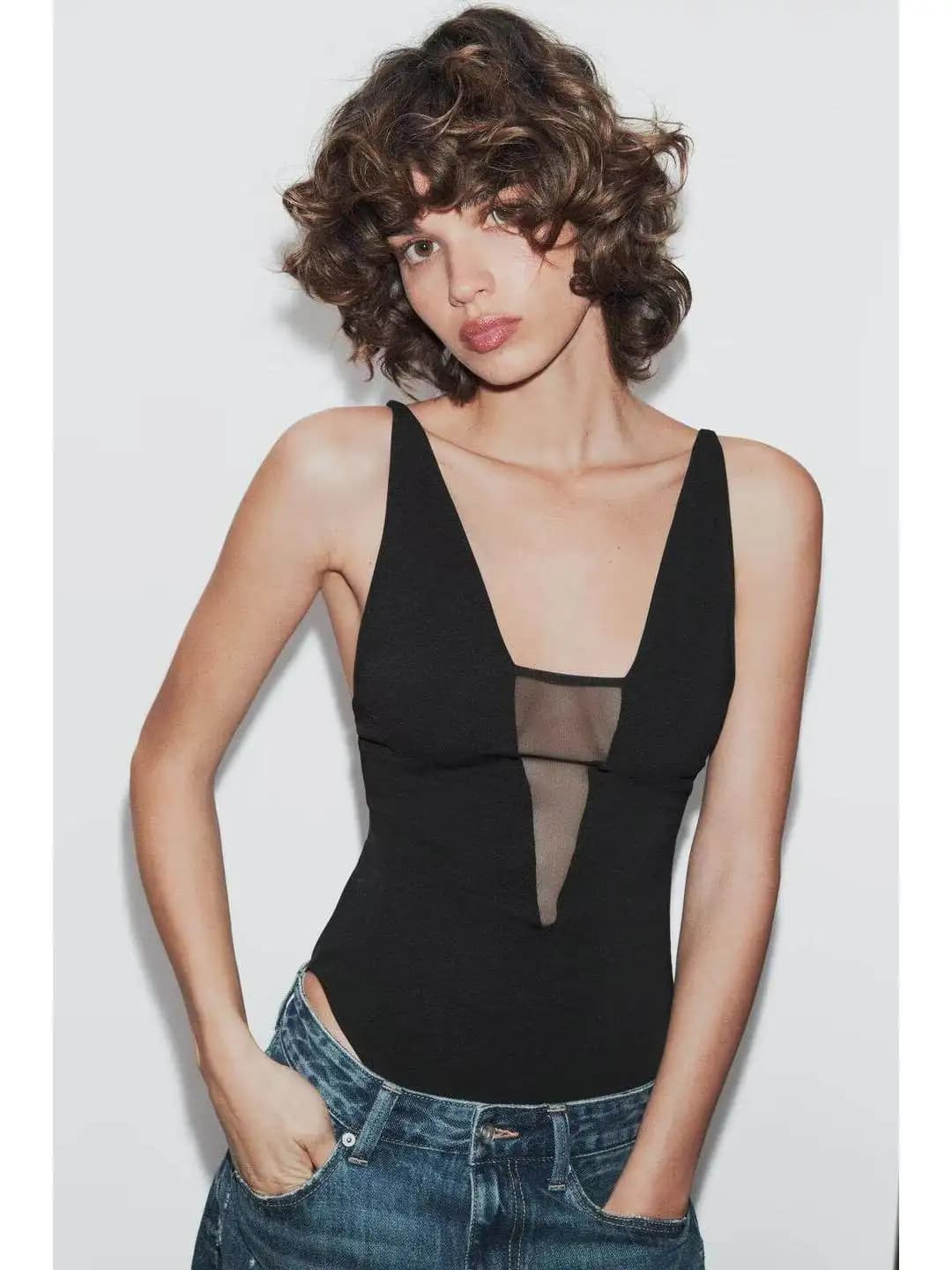 Summer Pure Desire Sexy Fashionable V-neck Strap One-piece Suit Silk Net Splicing 3D Effect Citywalk Neutral Women's Vest