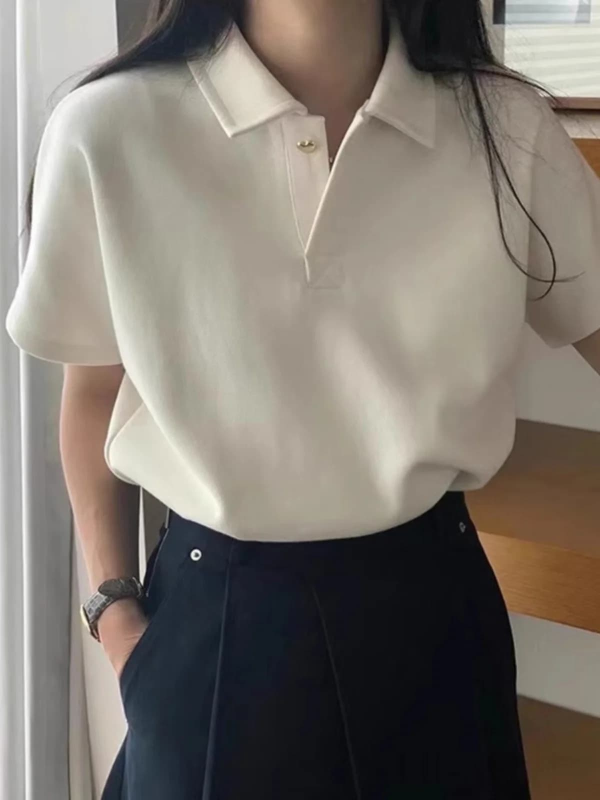 Loose Short Sleeve T-Shirt Women Summer Slim Fit Korean Style Button Neck Half Sleeve Top Commute Style Universal Fit