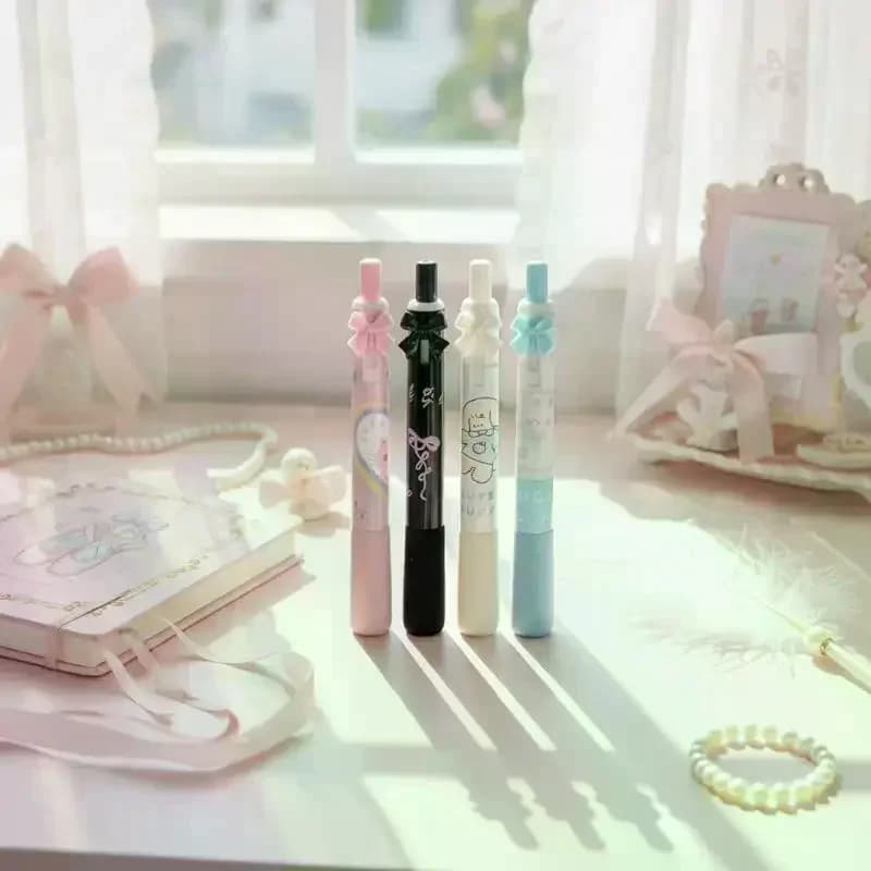 4Pcs Black White Bow Press Gel Pen 0.5mm Soft Grip Quick Drying Cartoon Writing Pens For Students