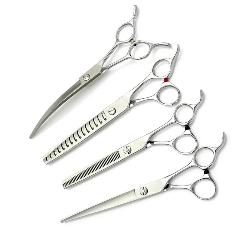 PS-0008 Forbici per toelettatura cani personalizzate Set di cesoie per animali domestici in titanio Professionale Giappone 440c Curvo Vg10 Chunker CNC Gatto Diradamento
