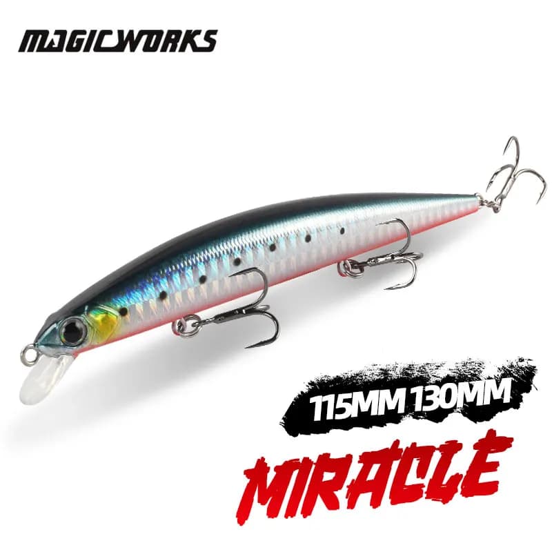 Magic Works 115mm 130mm Esche dure Lancio lungo Minnow Esca artificiale Wobblers galleggianti per la pesca di spigole Richiamo di acqua salata