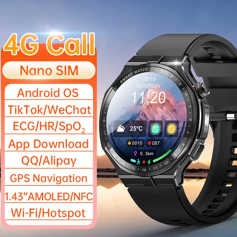 Smartwatch con SIM 4G e Chiamate, Display AMOLED, GPS, NFC, Controllo Lipidi, Acido Urico, ECG, Salute, Multisport per Uomo