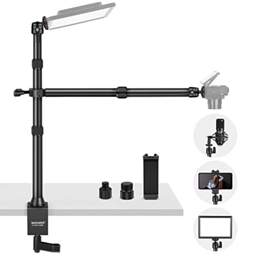 Treppiede da Tavolo TL253A+DS001 con 2 Bracci Telescopici, Supporto per Telefono, Teste a Sfera, Adattatore a Vite, Supporto Luce da Tavolo per Fotocamera e Smartphone