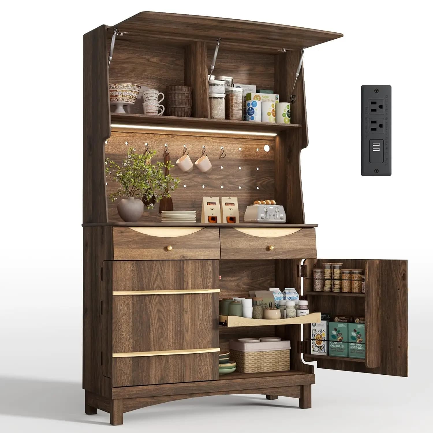 Mobile Dispensa da Cucina 72'' con Prese di Corrente, Luce LED, Anta a Ribalta, Pannello Forato, Cassetti, Maniglie in Legno Massello, Personalizzabile