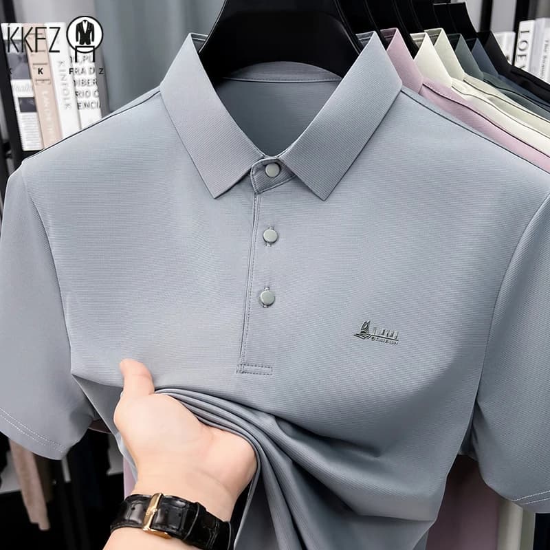 Men's Casual Polo T Shirt Short Sleeve Elastic Breathable Tops For Business Office Daily Wear Summer Lightweight Blouse