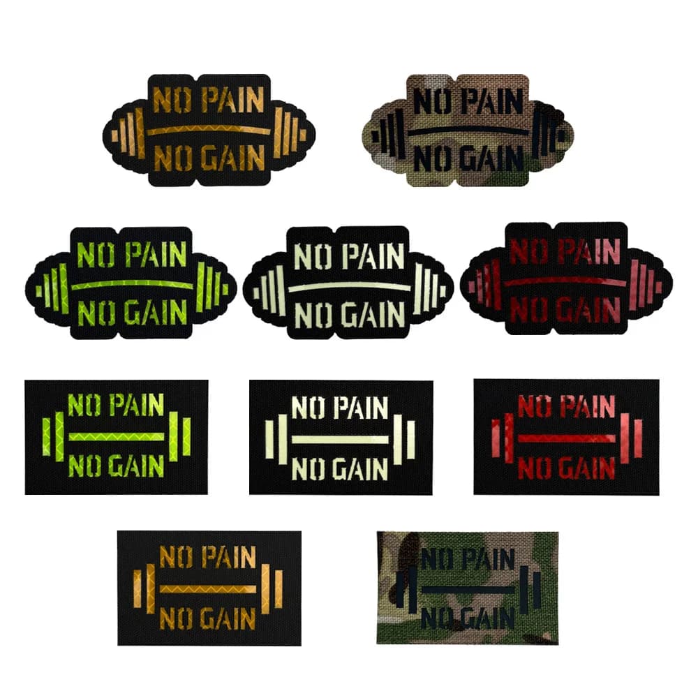 NO PAIN NO GAIN Patch in tessuto riflettente Bracciale con manubri fitness per zaino a infrarossi tagliato al laser