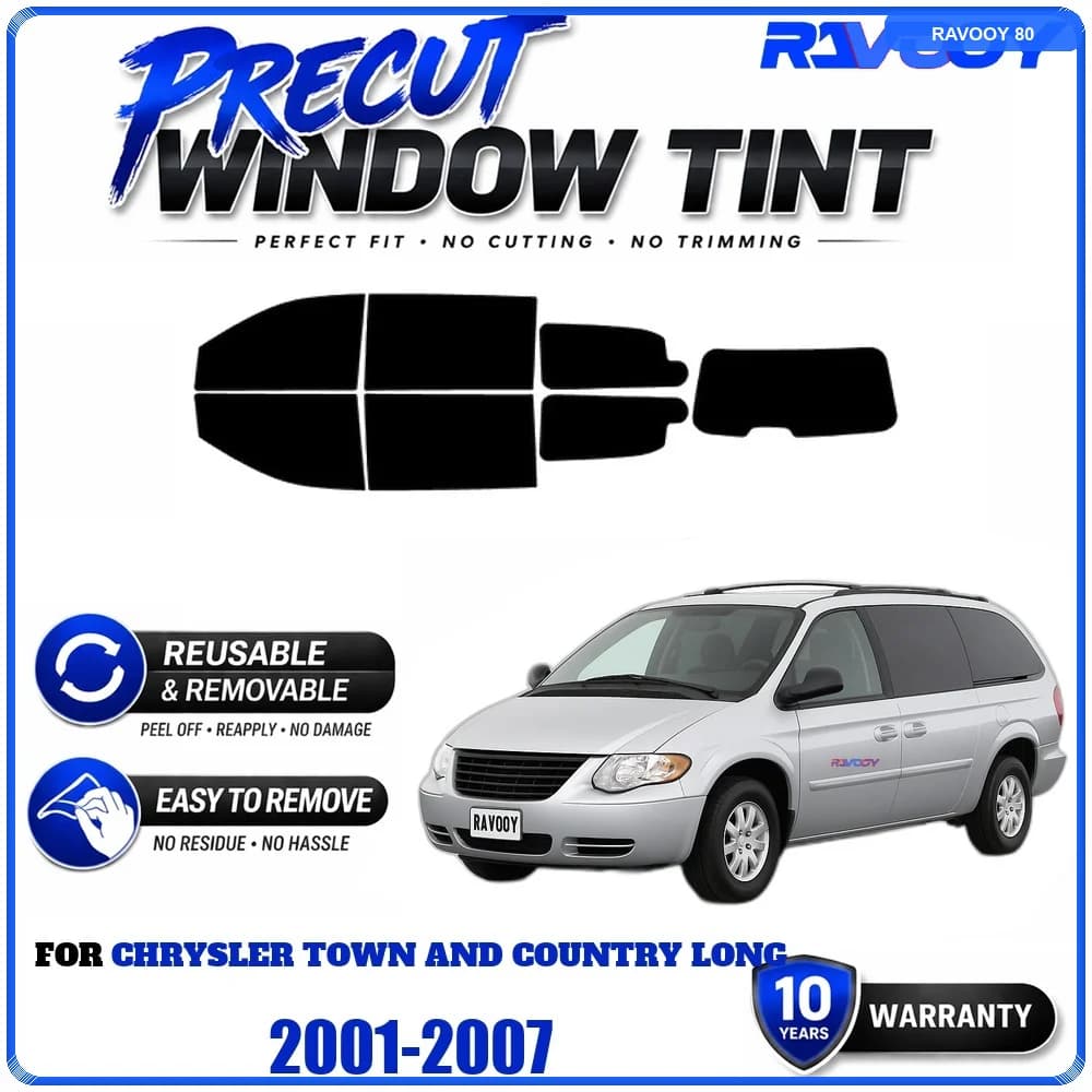 Precut Window Tint, Reusable Removable EPU Film, Custom Fit for Chrysler Town and Country Long 2001-2007, UV Heat Protection