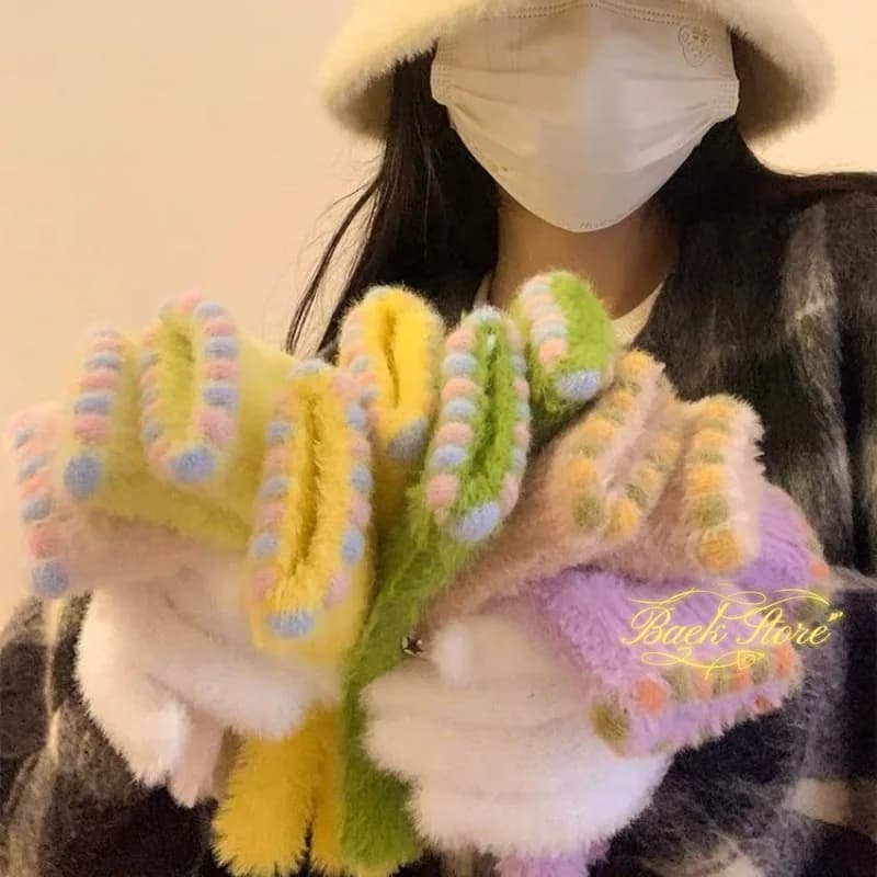Guanti in peluche Little Candy Bean da donna, caldi e spessi, invernali, pelosi, con schermo tattile, divisi delle dita, per studenti, ciclismo, a prova di freddo