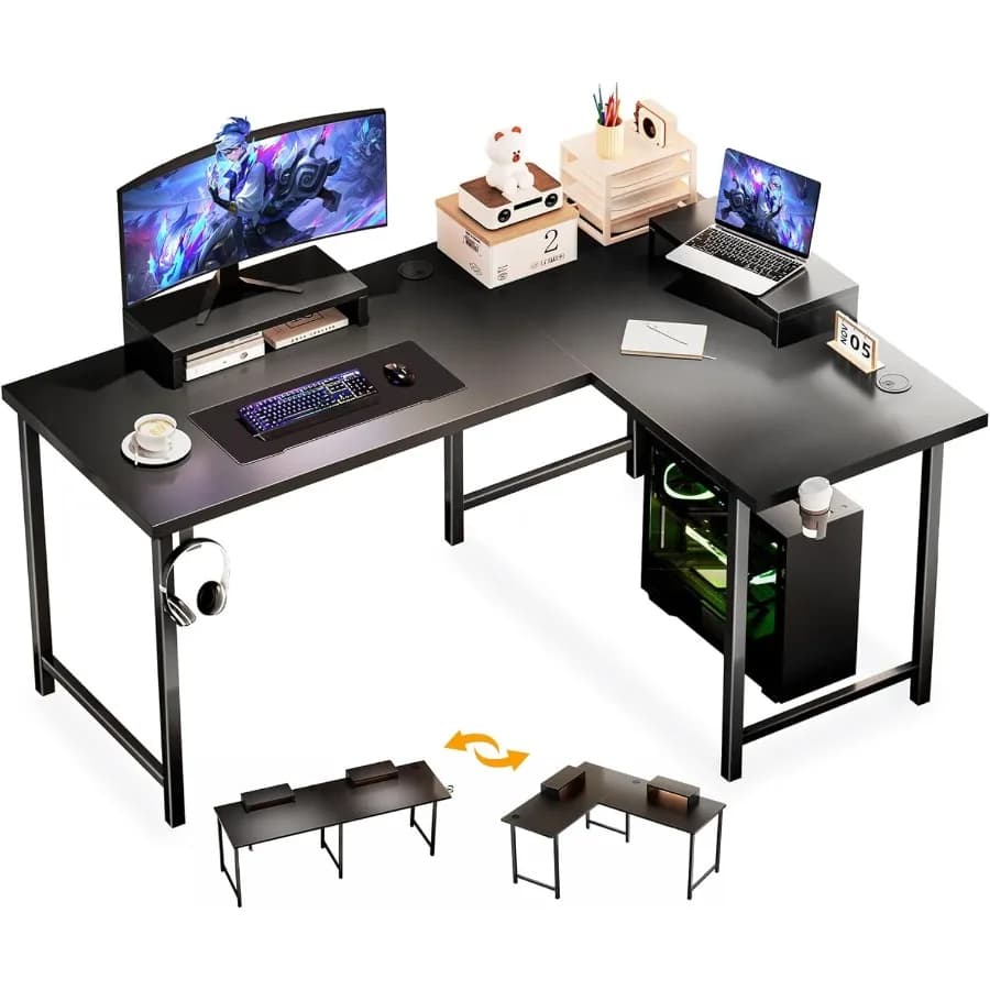 Scrivania a forma di L da 57 pollici con 2 supporti per monitor Scrivania per computer reversibile Scrivanie angolari Scrivania da gioco Tavolo per PC Grande postazione di lavoro per Ga