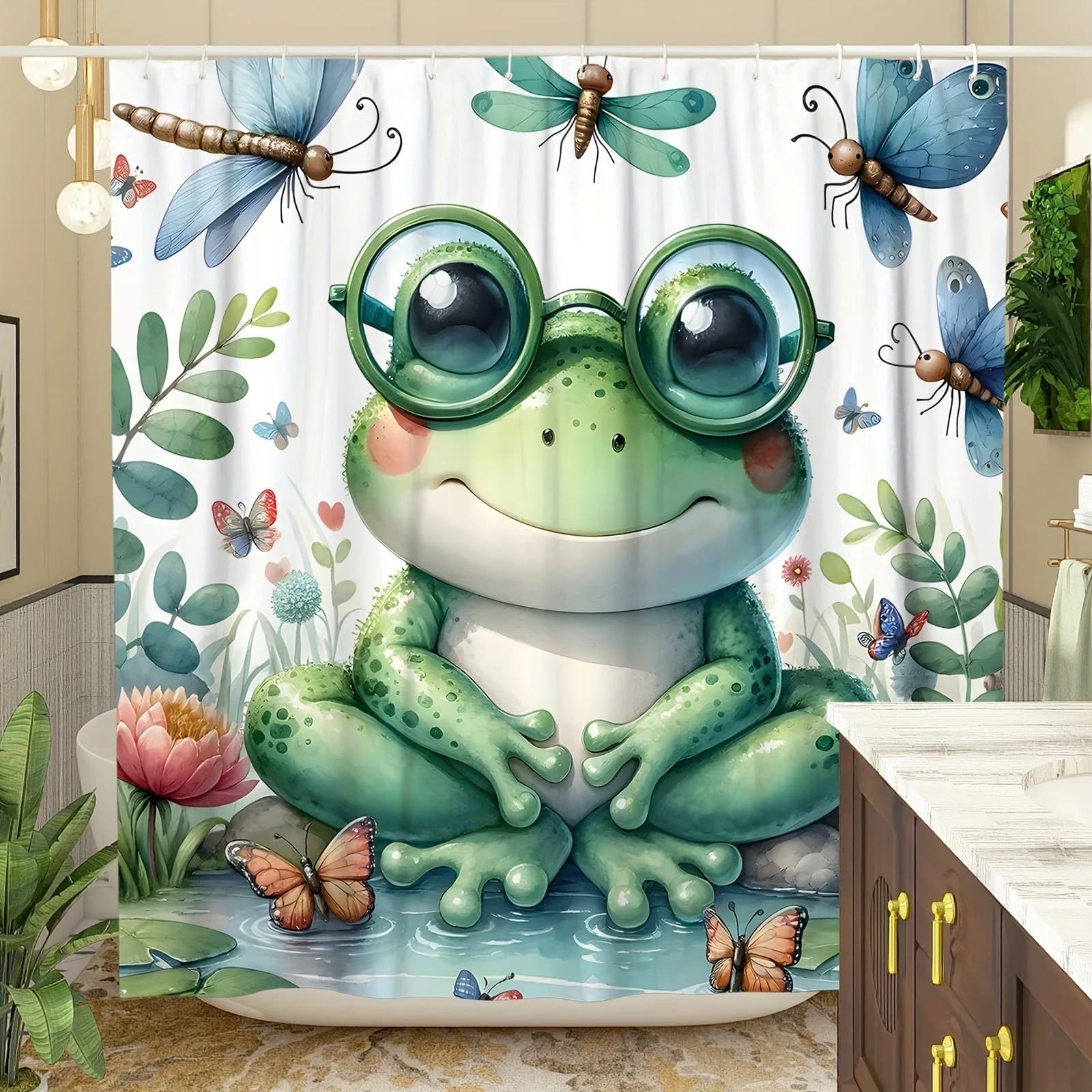Simpatica rana cartone animato con occhiali Tenda da doccia Lavabile Soffione doccia resistente allo sporco Tenda da bagno in poliestere impermeabile