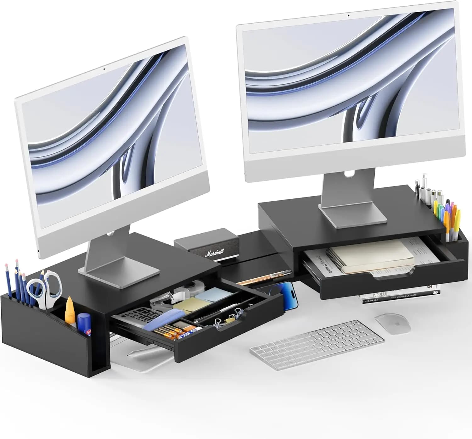 Black Dual Monitor Support with Desk Simple Organization Drawers