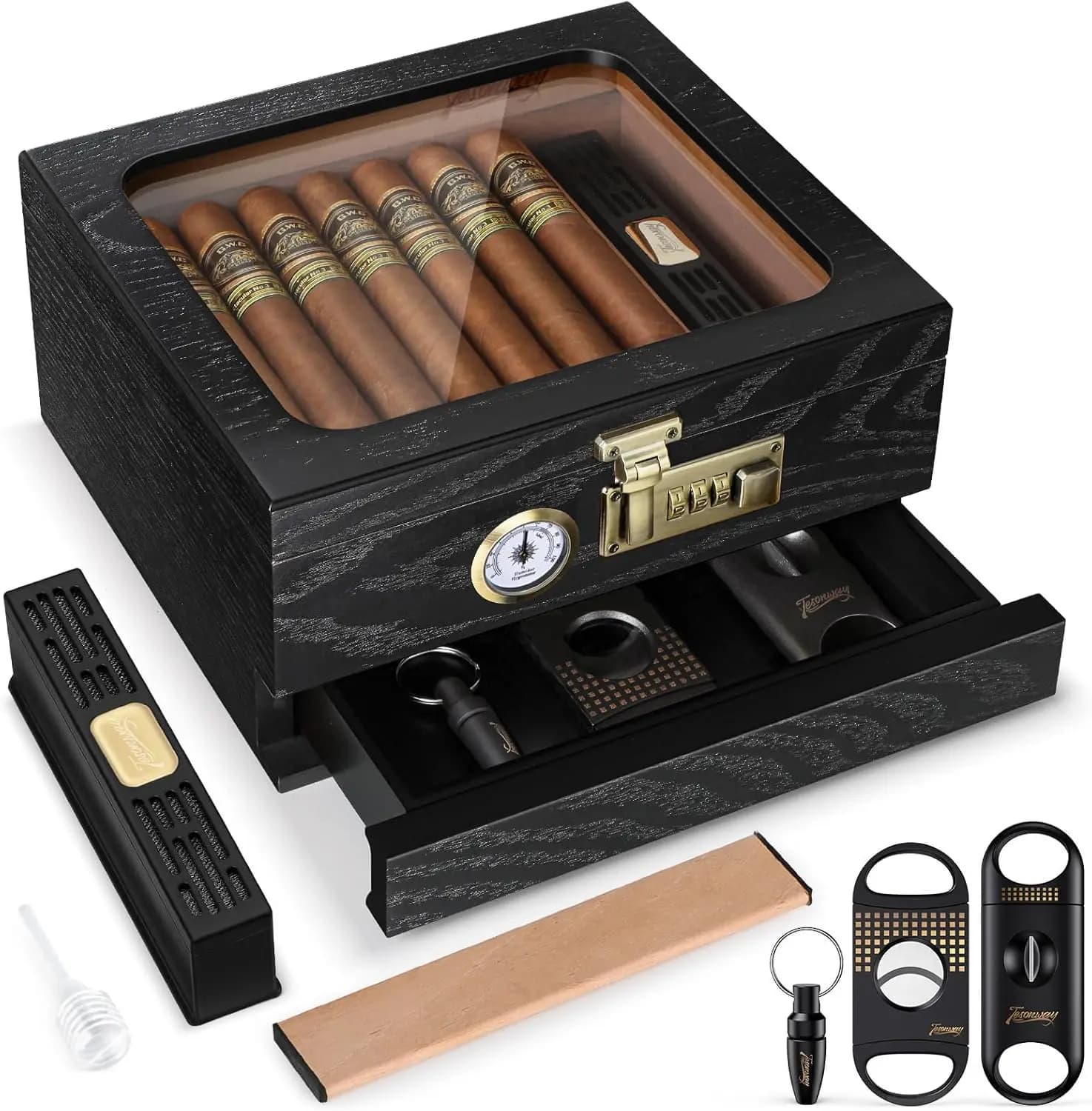Cedar Wood Humidor for 20-45 Cigars, Glass Top, Hygrometer & Humidifier, Combination Lock, Gift for Men