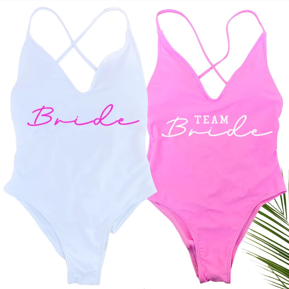 Costume da bagno intero sexy imbottito Team Bride, costume da sposa da donna, costume da bagno estivo a vita alta con schiena incrociata, body da spiaggia