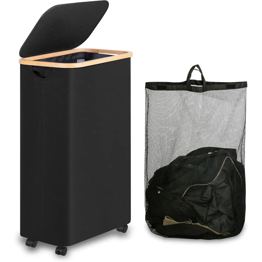 Laundry Hamper with Wheels, 75L Rolling Clothes Basket with Lid, Bamboo and Bag, Ideal for Bedroom, Dorm, Laundry Room, Black (2