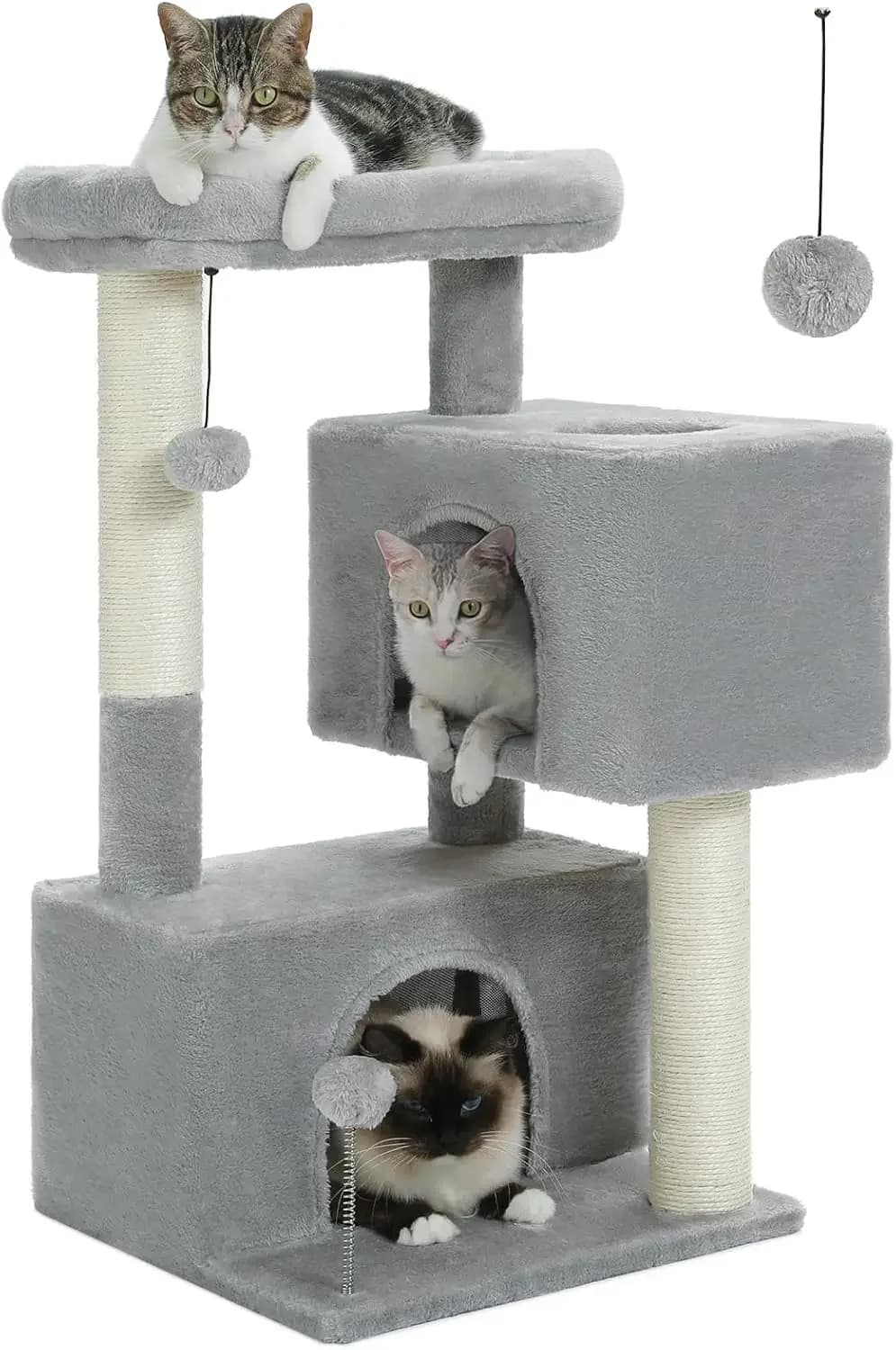 32" Cat Tree Tower for Indoor Cats - 2 Condos, Scratching Posts, Padded Perch, Toys, Light Grey