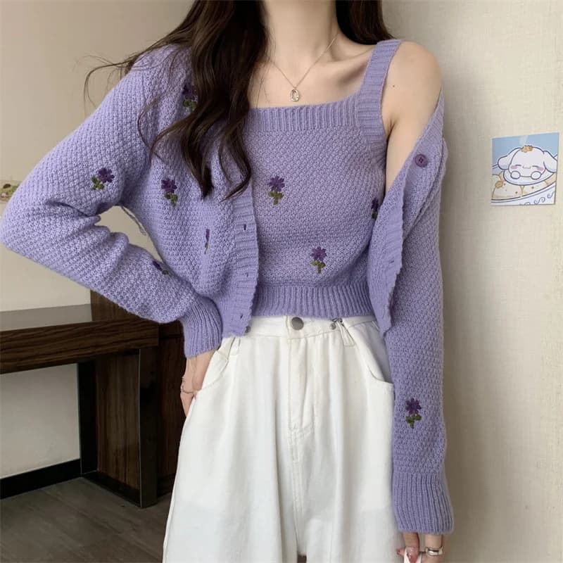Completo due pezzi ricamato Ele: Cardigan aperto in maglia con protezione solare e top a fascia traforato alla moda per donna