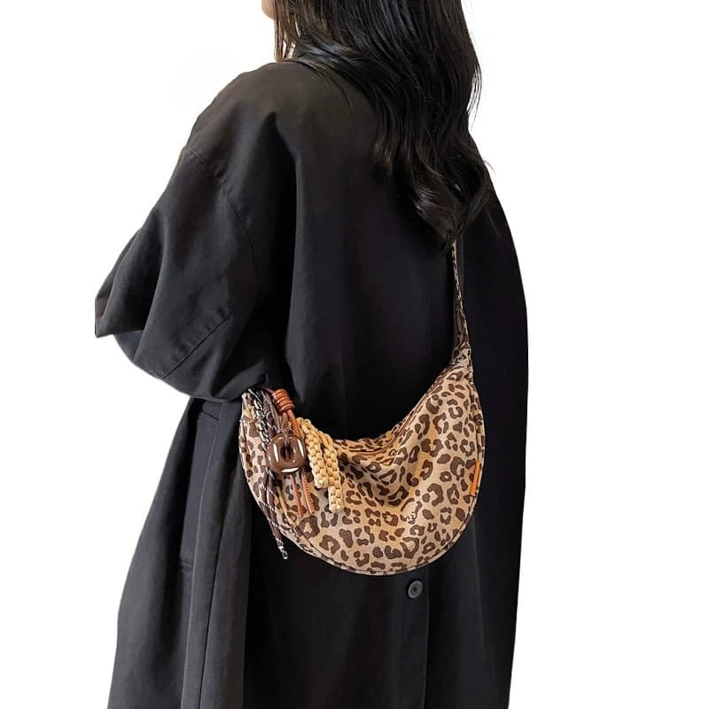 Women's New Leopard Print Canvas Sling Bag Fashion Crescent Crossbody Zipper Swing Wallet Trendy Animal Print Shoulder Purse