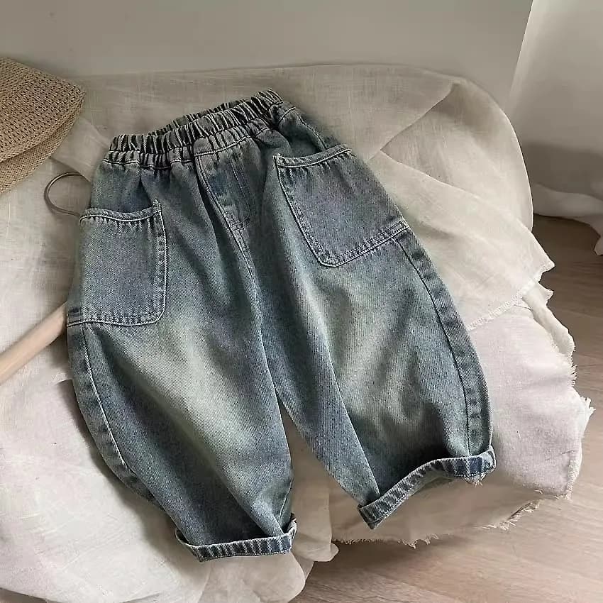 Pantaloni in Denim per Bambini Primavera-Autunno 2025, Vita Elastica, Casual, con Tasche Laterali, Bianco Lucido