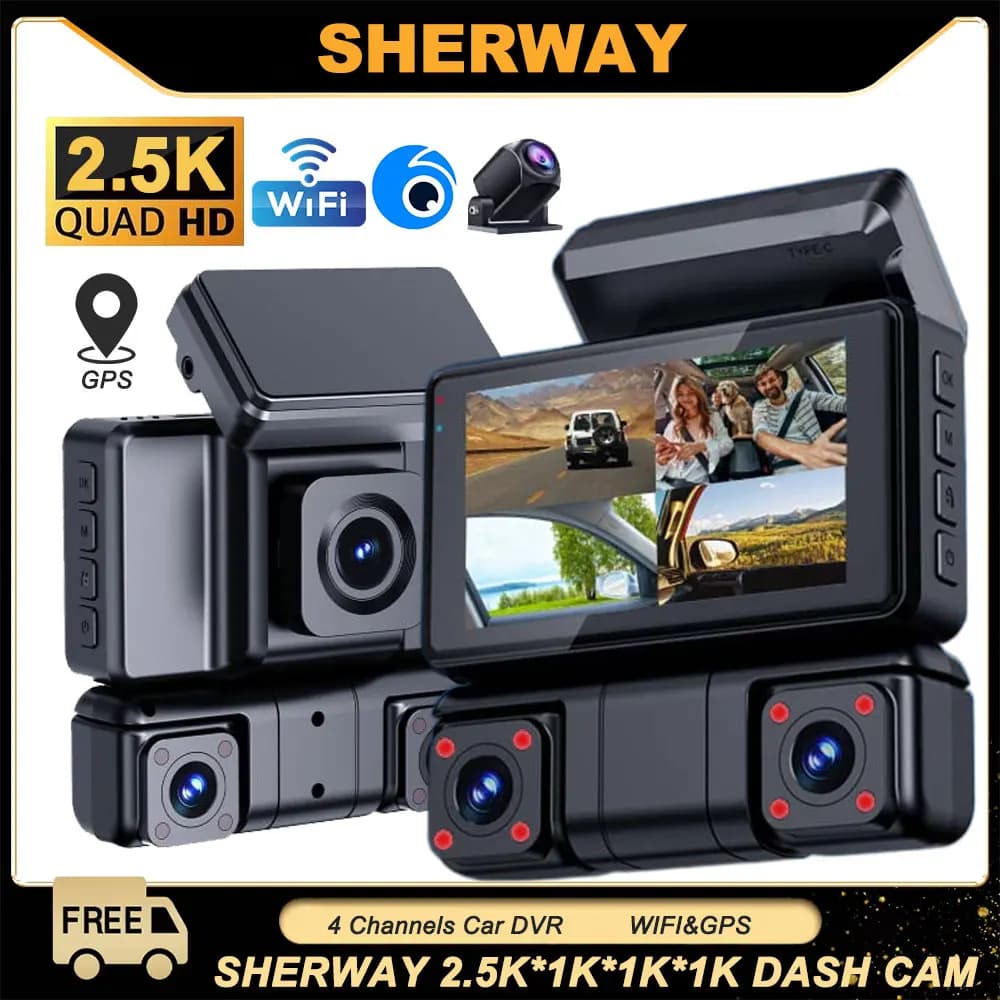 Dash Cam a 4 Canali con Visione a 360 Gradi ° Telecamera da cruscotto Wi-Fi GPS 4*1080P anteriore e posteriore sinistra destra per auto con modalità parcheggio 24h/7 e DVR Registratore