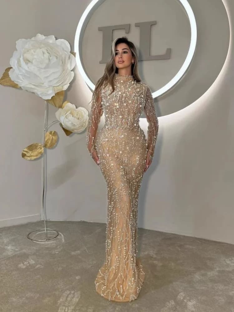 2025 Abito da donna sexy a maniche lunghe con perline e diamanti, maxi abito lungo color albicocca, elegante abito da sera per club