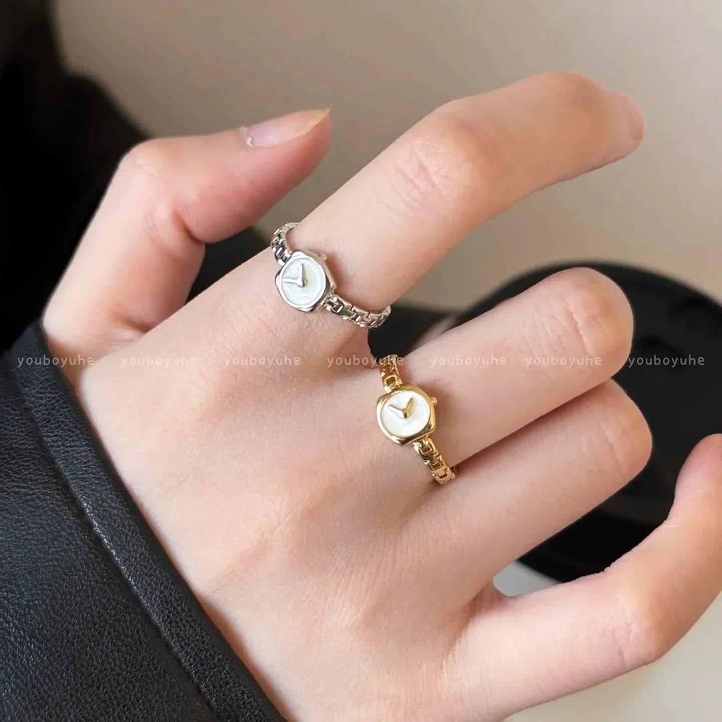 Reverse Clock ~ Unique Designer Watch Chain Ring for Women, Adjustable Open Thin Enamel Band Ring