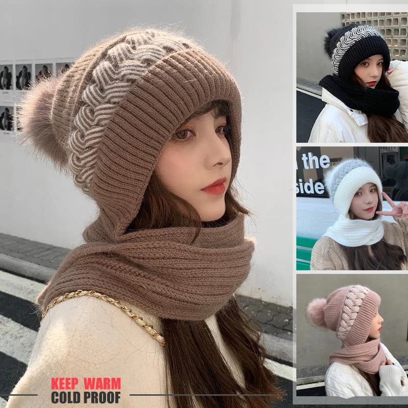 Autunno Inverno da donna con la versione coreana dei adorabili berretti con sciarpa ispessita per il collo con protezione per le orecchie e protezione per il freddo lavorato a maglia
