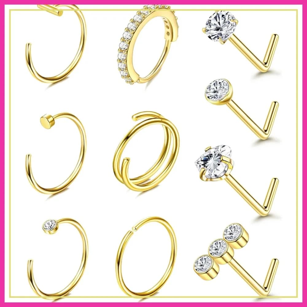Piercing per Naso in Oro 14K Placcato, 20G, Cerchi in Acciaio Inox 316L con Cuore in Zirconia Cubica a Forma di L, Gioielli Ipoallergenici per Piercing al Naso per Donne e Uomini, 10 Pezzi
