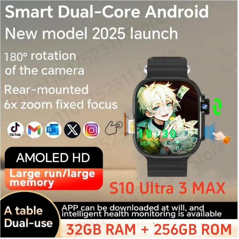 S10 Ultra 3 MAX Smartwatch Touch ID Smartwatch Man Woman With 180 ° Roatry Camera SIM Card Slot Video Called GPS WIFI NFC compass