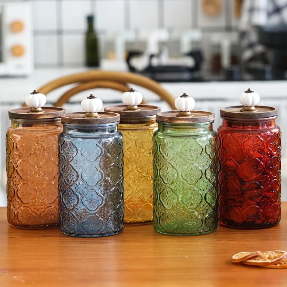 1000ml Relief Begonia Flower Glass Sealed Jar Wooden Lid Household Kitchen Miscellaneous Grains Candy Dried Fruit Storage Bottle