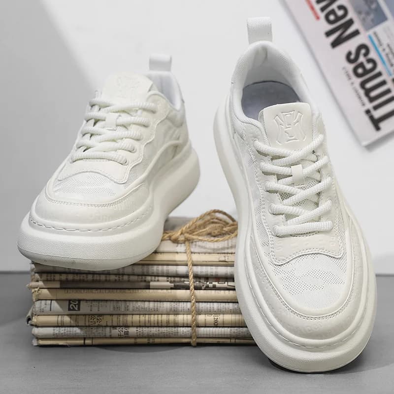 Men's Summer White Sneakers Breathable Mesh Casual Shoes Lightweight Soft Thick Sole High‑End Trendy Daily Board Shoes