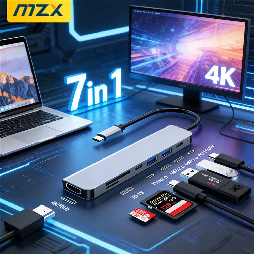MZX Docking Station USB C 3.0 7/8 in 1 4K, Hub Concentratore HDMI-Compatibile, Adattatore Multi-hub Tipo 3.0, Splitter per Laptop