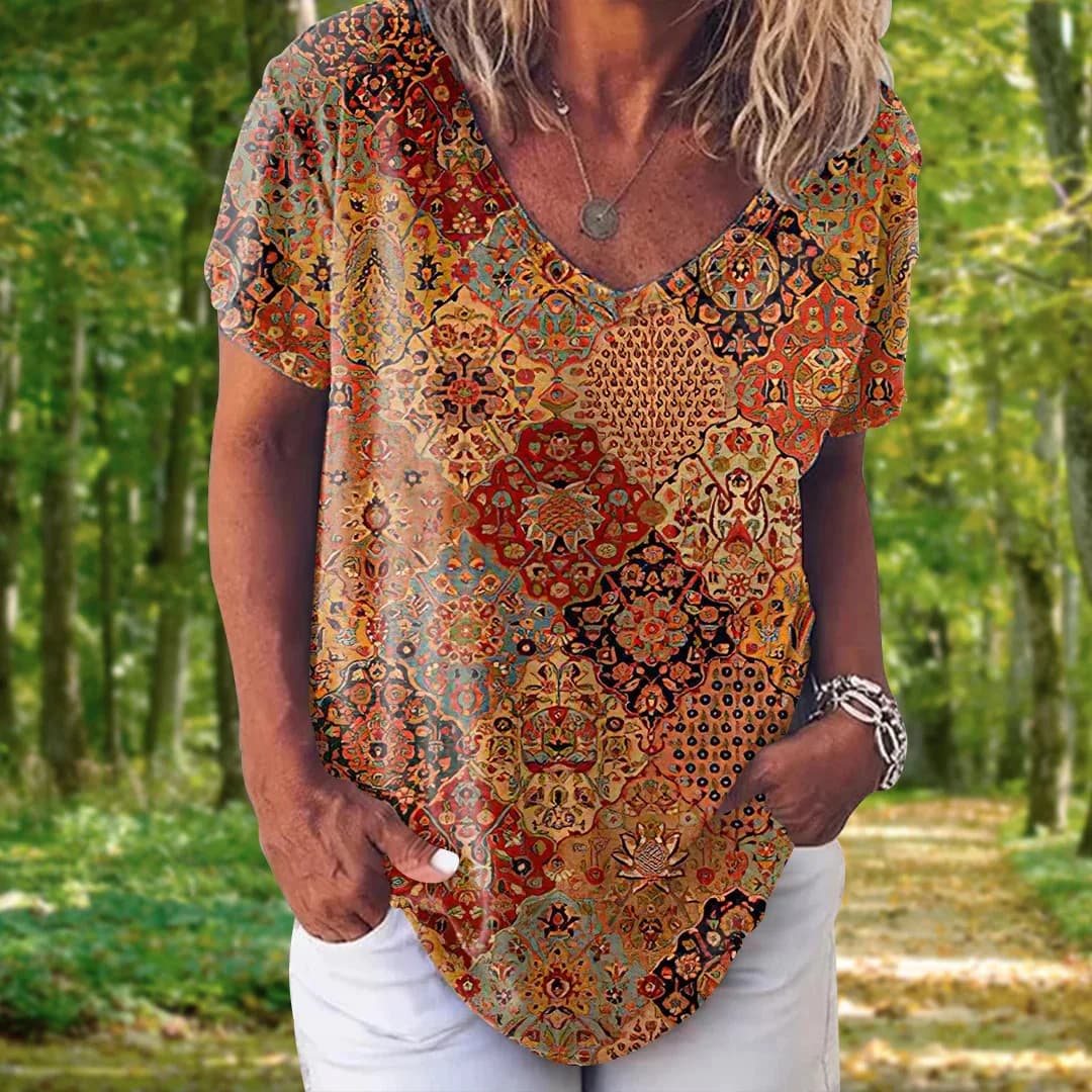 Retro Paisley Modello T-shirt Mandala 3D Stampa Donna Scollo a V Manica corta T Shirt Y2K Tee Oversize Harajuku Top Abbigliamento femminile