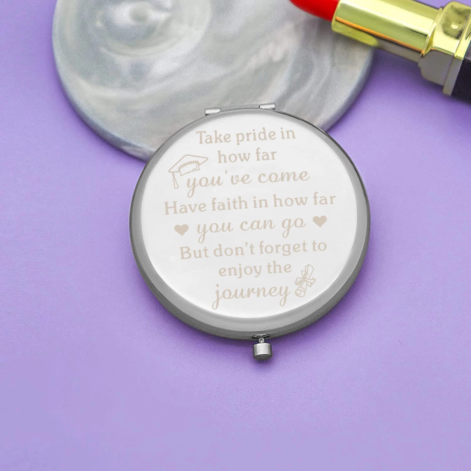 Custom makeup mirror with name, made of stainless steel, laser engraved with names and motifs, perfect as a gift.