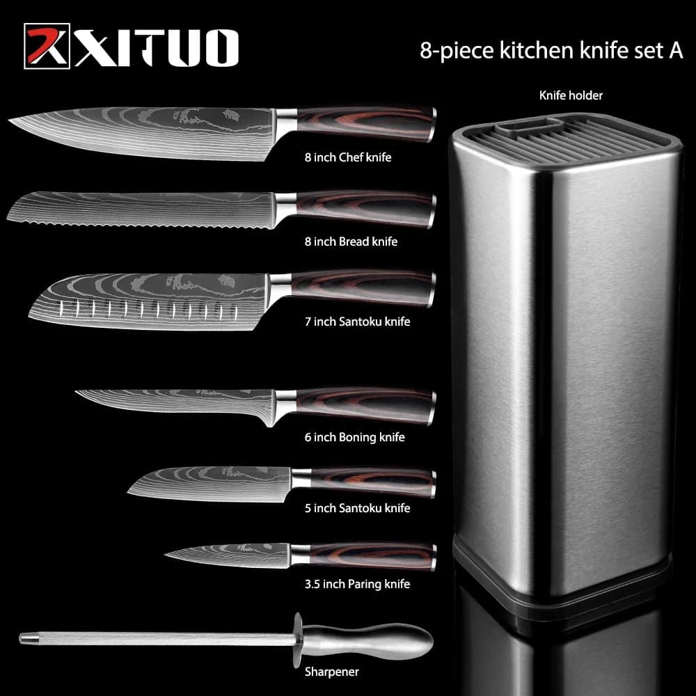 Set of chef knives 1-8 pieces Sharp kitchen knives Mannaia Santoku Knife to peel bread with stainless steel knife holders, Kitchen scissors