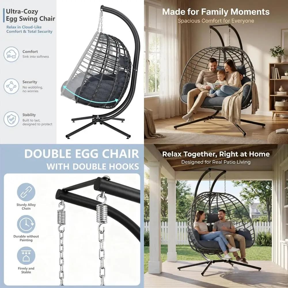 Dondolo da Esterno a 2 Posti con Supporto, Sedia Sospesa in Vimini con Cuscino per Giardino o Camera da Letto - Grigio
