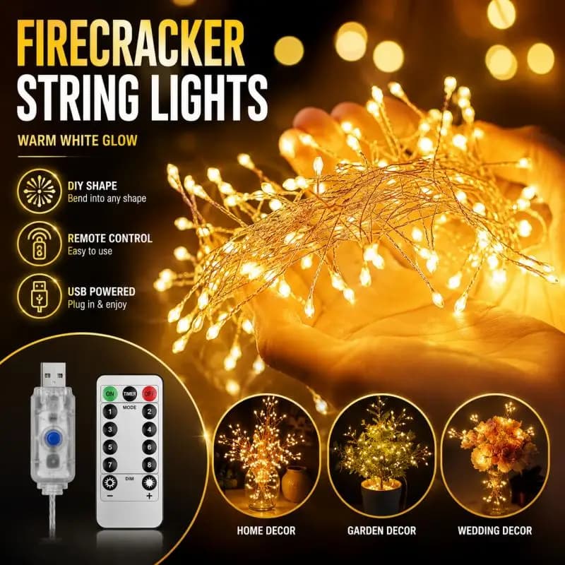 Firecracker Fairy String Lights USB Powered Remote Control Garland Lamp for Christmas Wedding Bedroom Garden Party Decoration