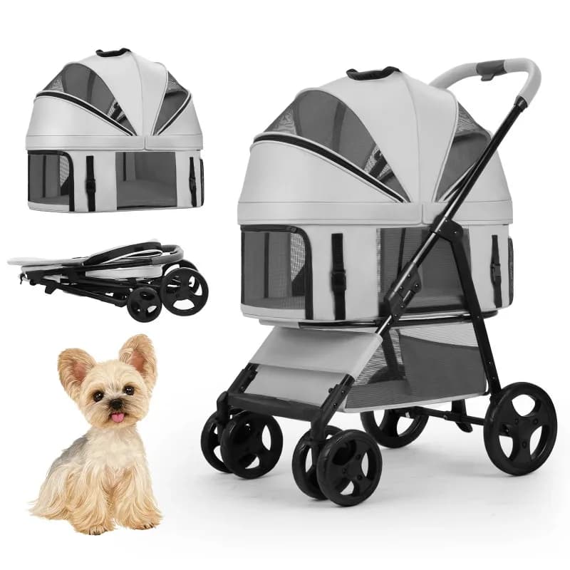Carrello Pieghevole Portatile a 4 Ruote in Ferro e Lino/Oxford Ecologico per Animali Domestici, Passeggino Pieghevole per Cani e Gatti