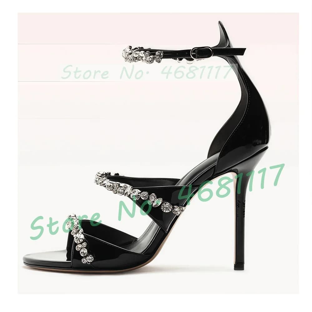 Cinturini con punta in cristallo Copri sandali con tacco Donna Scarpe con tacco in pelle verniciata nera Ragazze dolci Eveneing Party Sandali con punta aperta