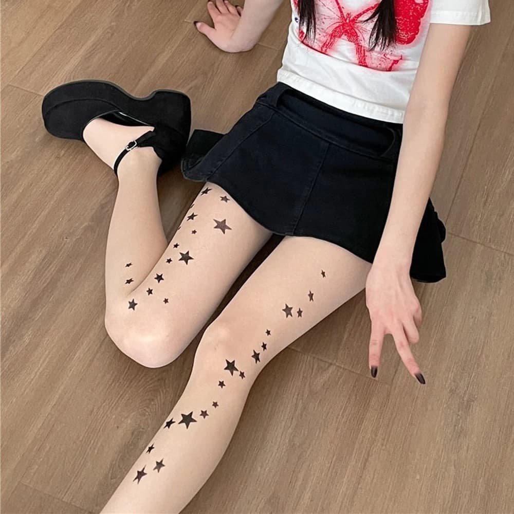 Calze a rete da donna standard con stampa a stelle, ultra sottili, traspiranti, anti-attrito, modello JK, calze lunghe a stelle multiple per street e club