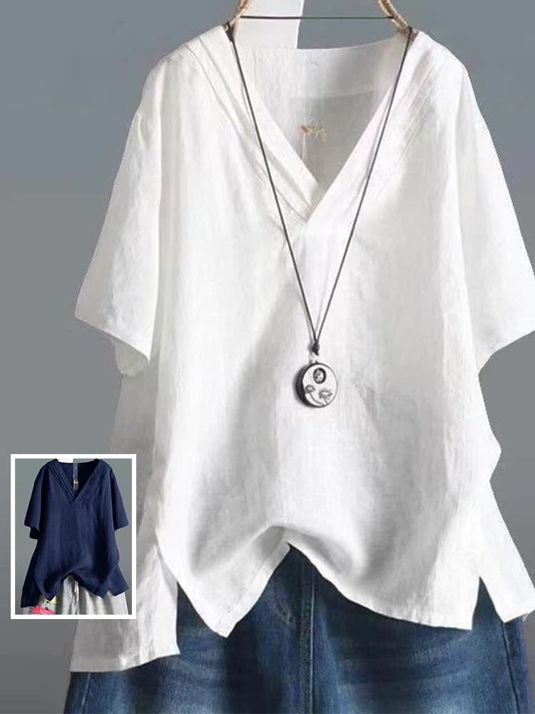 Simple Color Breathable Cotton Linen Short Sleeve White T-Shirt Large Size Women's Fashion V-Neck Versatile Casual Top ...
