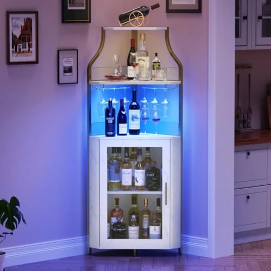 Mobile Bar Angolare con Luci LED, Cantinetta Industriale a 5 Ripiani con Portabicchieri, Mobile Liquori Moderno Regolabile