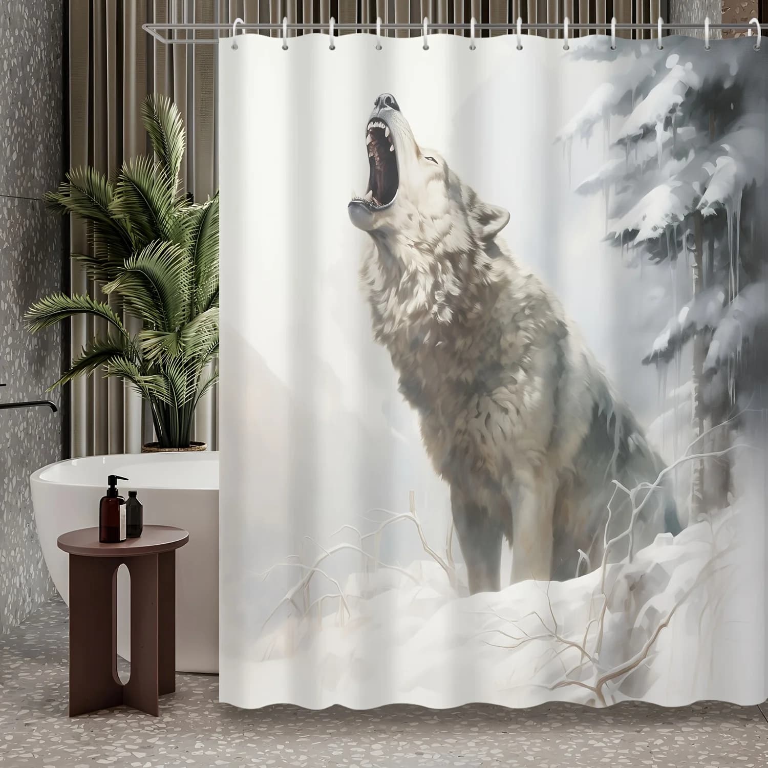 Tenda da doccia ruggente 1pc foresta invernale lupo delle nevi, decorazione del bagno, inclusa tenda da doccia e 12 ganci, accessorio per il bagno